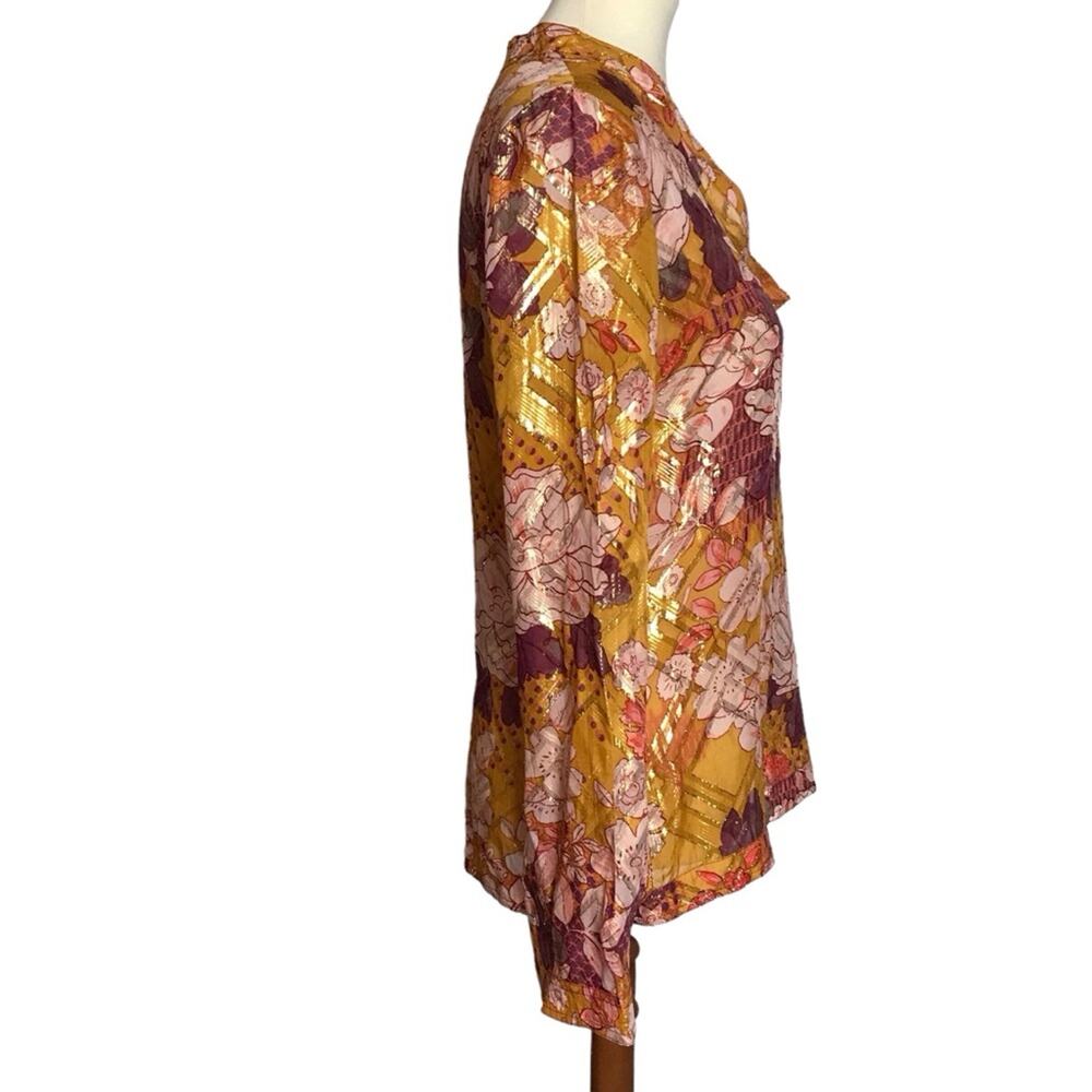 Tory Burch Metallic Silk Gold Orange Yellow Long Flutter Sleeve Tunic Blouse 6 - Picture 7 of 13